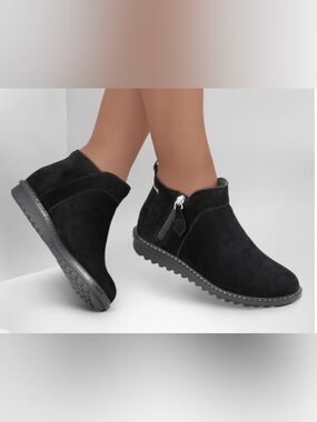 Skechers Women's Black Suede Ankle Booties with Side Zip Size 10